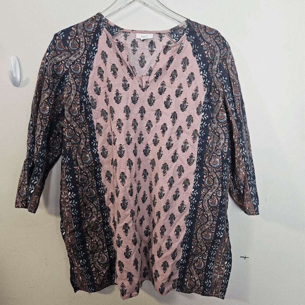 Pure Jill 3/4 Sleeve Folkloric Boho Mixed Print V neck Lightweight Cotton/ Linen